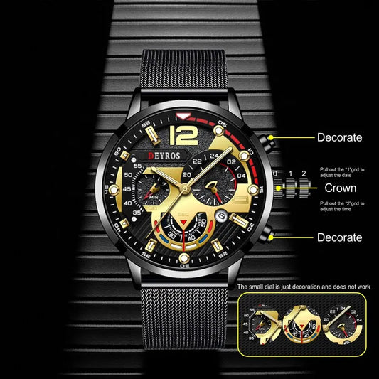 2023 Fashion Mens Business Watches Luxury Stainless Steel Mesh Belt Quartz Wrist Watch Luminous Clock Men Casual Calendar Watch