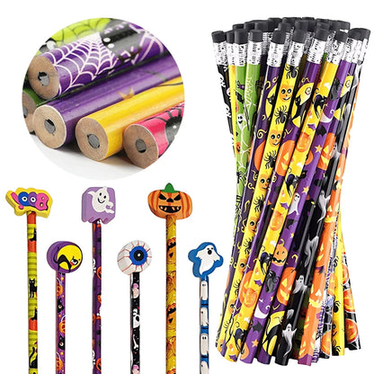 12-36 pcs Halloween Style Pencils Random Design HB Pencil Cartoon Eraser Halloween Themed Stationery Students Gift Boys Girls ZYF