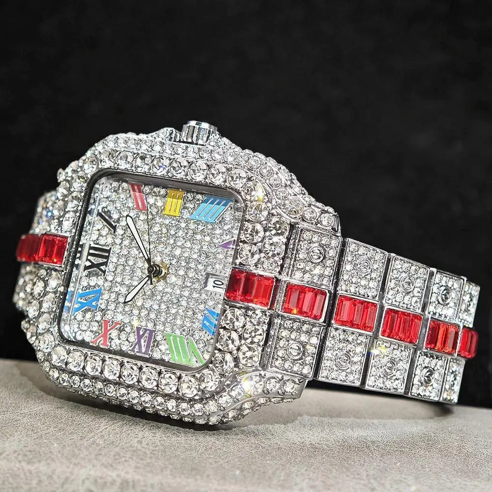 Hot Sale Blue Iced Watch For Man Fashion Colorful Roman Literal Quartz Watch Hip Hop Diamond Jewelry Square Wrist Watch Men Gift