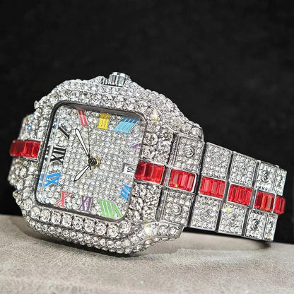 Hot Sale Blue Iced Watch For Man Fashion Colorful Roman Literal Quartz Watch Hip Hop Diamond Jewelry Square Wrist Watch Men Gift