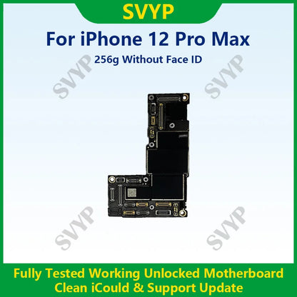 Fully tested authentic motherboard for iPhone 12 Pro Max 128g / 256g unlocked mainboard with iCloud Clear Face ID. Fast Shipping.