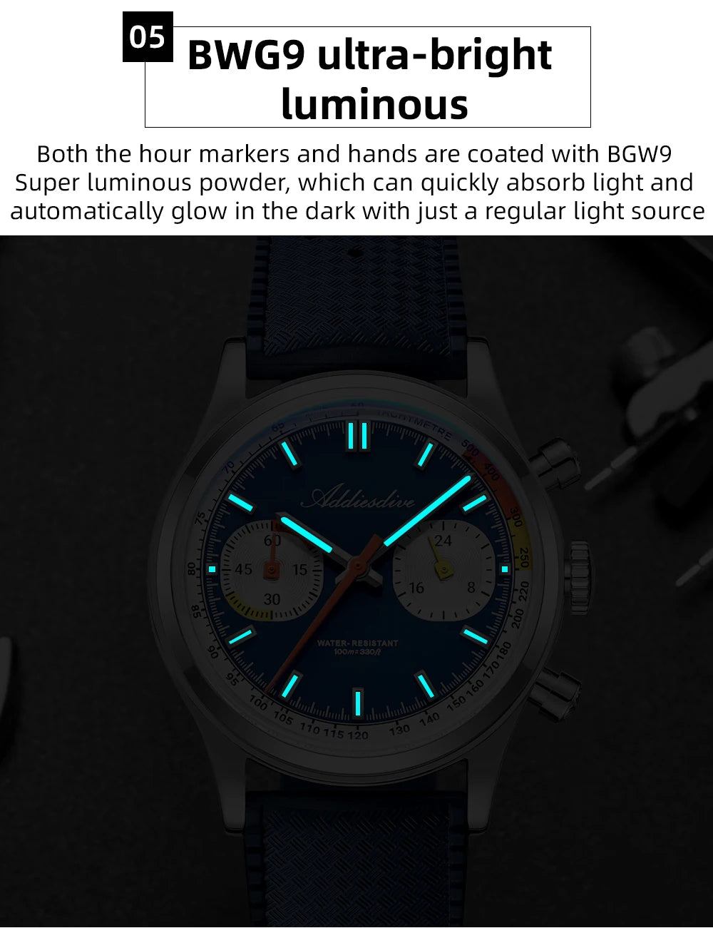 ADDIESDIVE New Men Watch 38mm VK64 Chronograph Fluororubber Luxury Domed Glass BGW9 Luminous 100m Waterproof Quartz Wristwatch