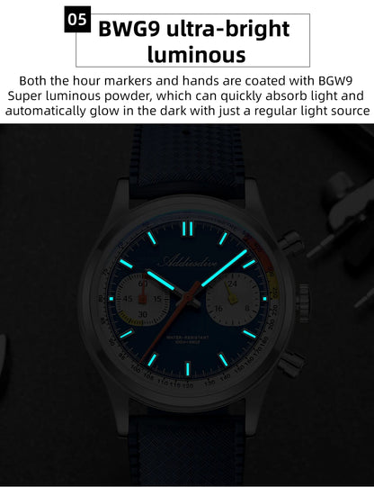 ADDIESDIVE New Men Watch 38mm VK64 Chronograph Fluororubber Luxury Domed Glass BGW9 Luminous 100m Waterproof Quartz Wristwatch