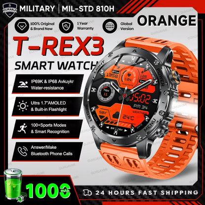 2025 Outdoor New 1000mAh Battery T-Rex 3 Military Grade Smart Watch Men IP69K Waterproof GPS HD Bluetooth Call 100+Sports Watch