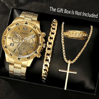 Classic Business Men's Watch Set, Quartz Round Dial Stainless Steel Strap Men's Watches, Ideal Gift Choice