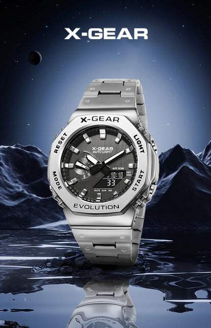 X-GEAR Digital Sports Electronic Unisex Watch Dual Display Full Function LED Alloy Large Time Steel Strap