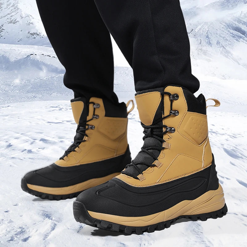 Men's Winter High-Top Snow Boots with Fleece Lining Thickened Waterproof Non-Slip Warm and Cold-Resistant Cotton Hiking Shoes
