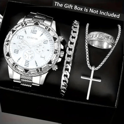 Classic Business Men's Watch Set, Quartz Round Dial Stainless Steel Strap Men's Watches, Ideal Gift Choice