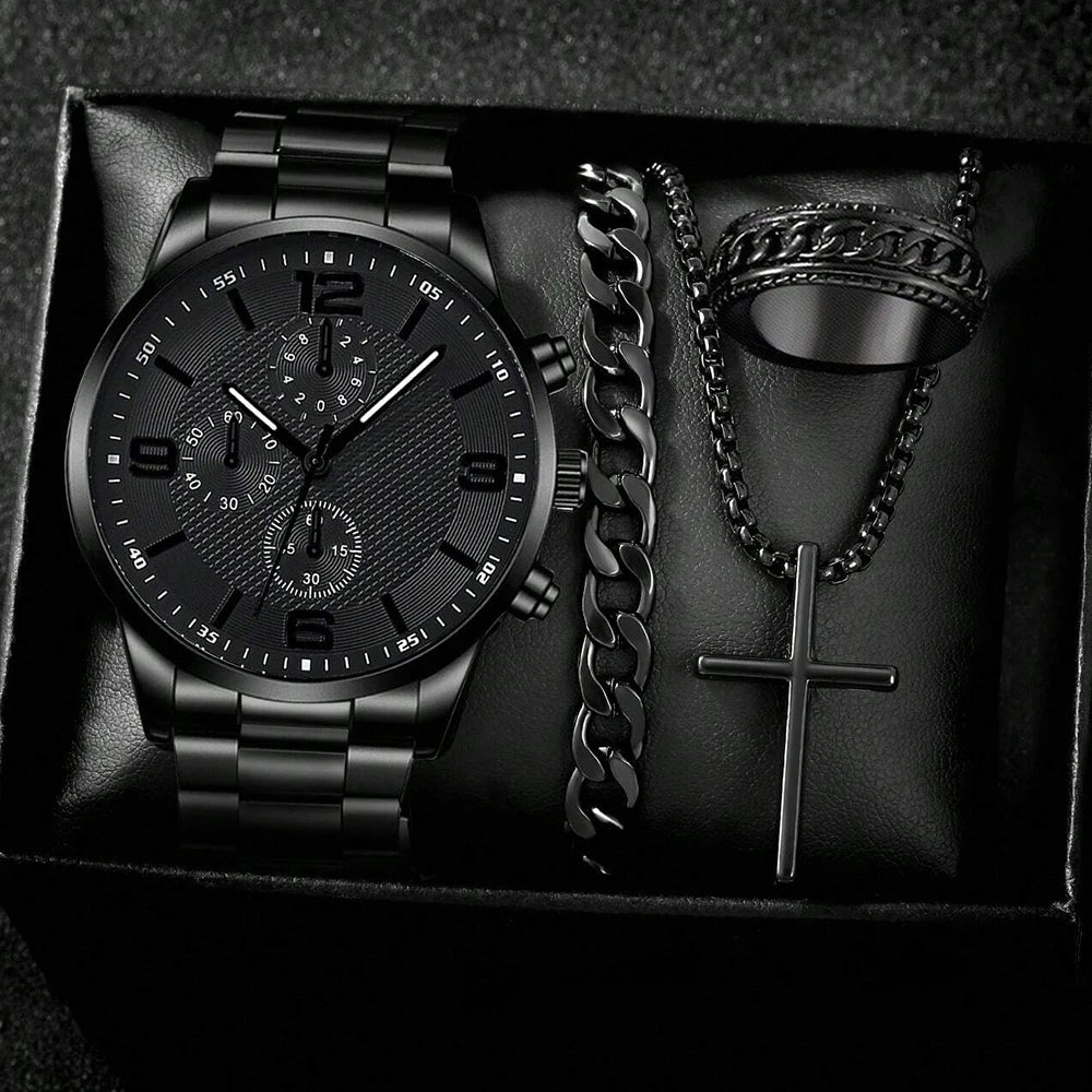 4PCS Business Men's Gift Box Watch Set Fashion Trend Quartz Watch Bracelet Necklace Ring Set Perfect Gift Set for Friends or Dad