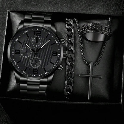 4PCS Business Men's Gift Box Watch Set Fashion Trend Quartz Watch Bracelet Necklace Ring Set Perfect Gift Set for Friends or Dad