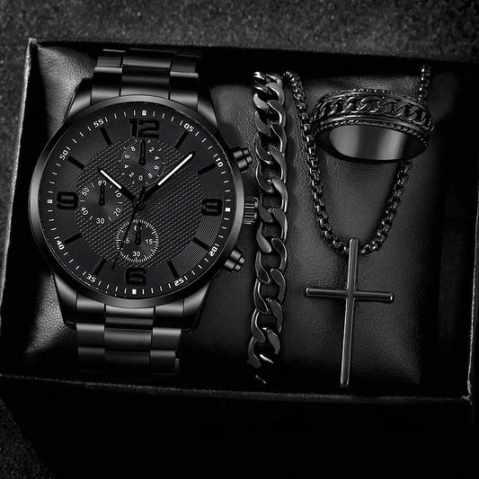4PCS Business Men's Gift Box Watch Set Fashion Trend Quartz Watch Bracelet Necklace Ring Set Perfect Gift Set for Friends or Dad