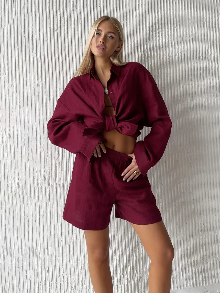 Wolfeel Women's Casual Shorts Sets 100% Cotton Solid Color Cozy Lapel Long Sleeve Shirt Summer New Elastic Waist Shorts Suit