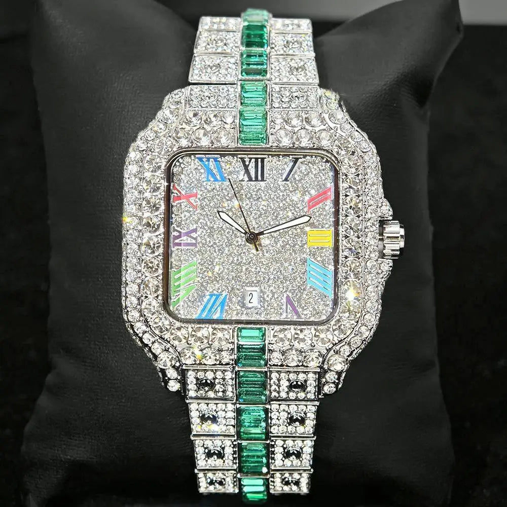 Hot Sale Blue Iced Watch For Man Fashion Colorful Roman Literal Quartz Watch Hip Hop Diamond Jewelry Square Wrist Watch Men Gift