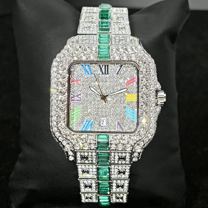 Hot Sale Blue Iced Watch For Man Fashion Colorful Roman Literal Quartz Watch Hip Hop Diamond Jewelry Square Wrist Watch Men Gift
