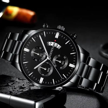 3PCS Men's Watch Set Business Trend Classic Round Dial Quartz Watch Bracelet Necklace Set Perfect Gift for Friends or Dad