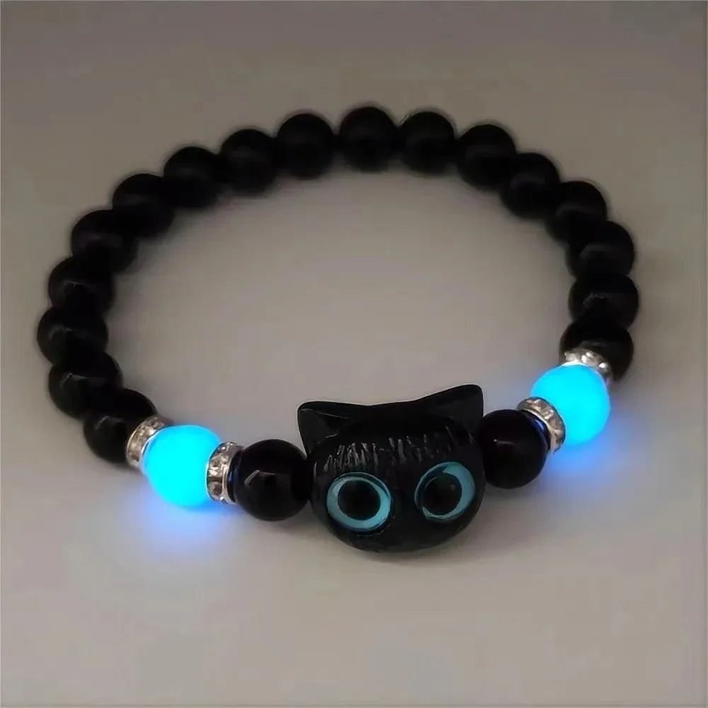 Matching bracelets for couples, women, men, luminous, cute cat friendship bracelet, black and white cat head bracelets, glow in the dark gift.