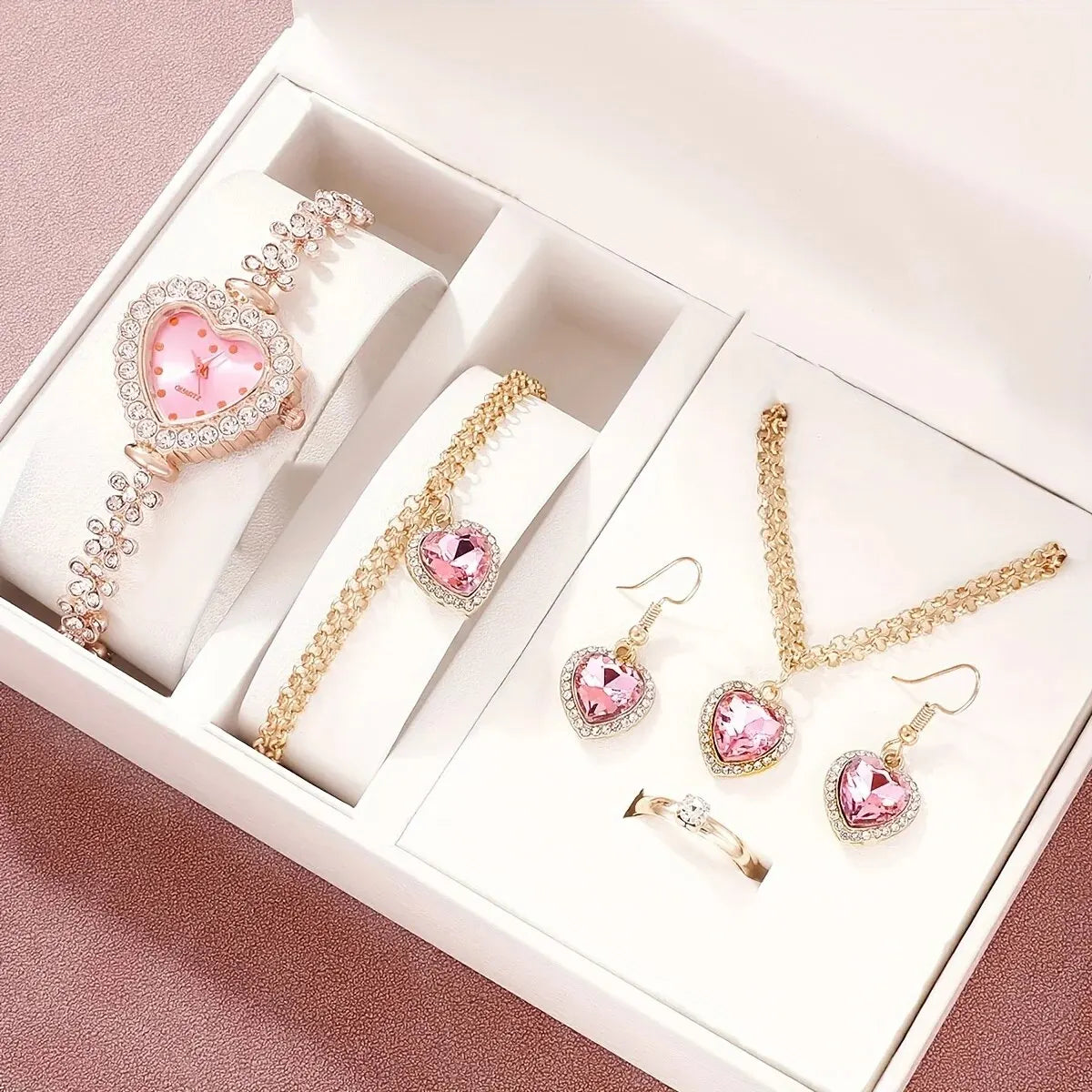 6pcs Women's Watch Rhinestone Heart Pointer Quartz Watch Cute Bracelet Wrist Watch &amp; Jewelry Set, Gift For Her