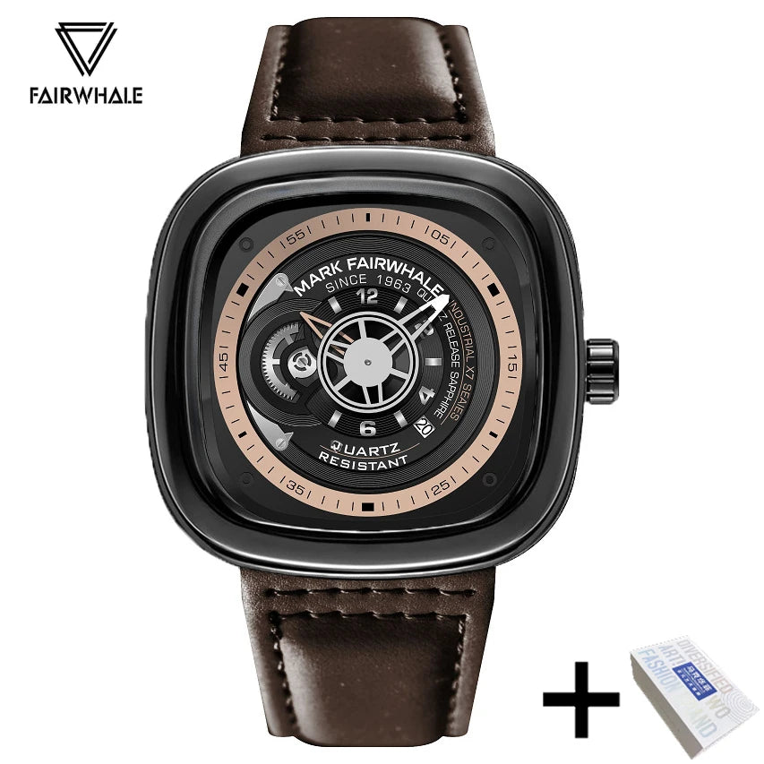 Mark Fairwhale Fashion Watch For Men Casual Leather Strap Quartz Watch Sports Waterproof Square Wristwatch Man 2025 Hot Sale