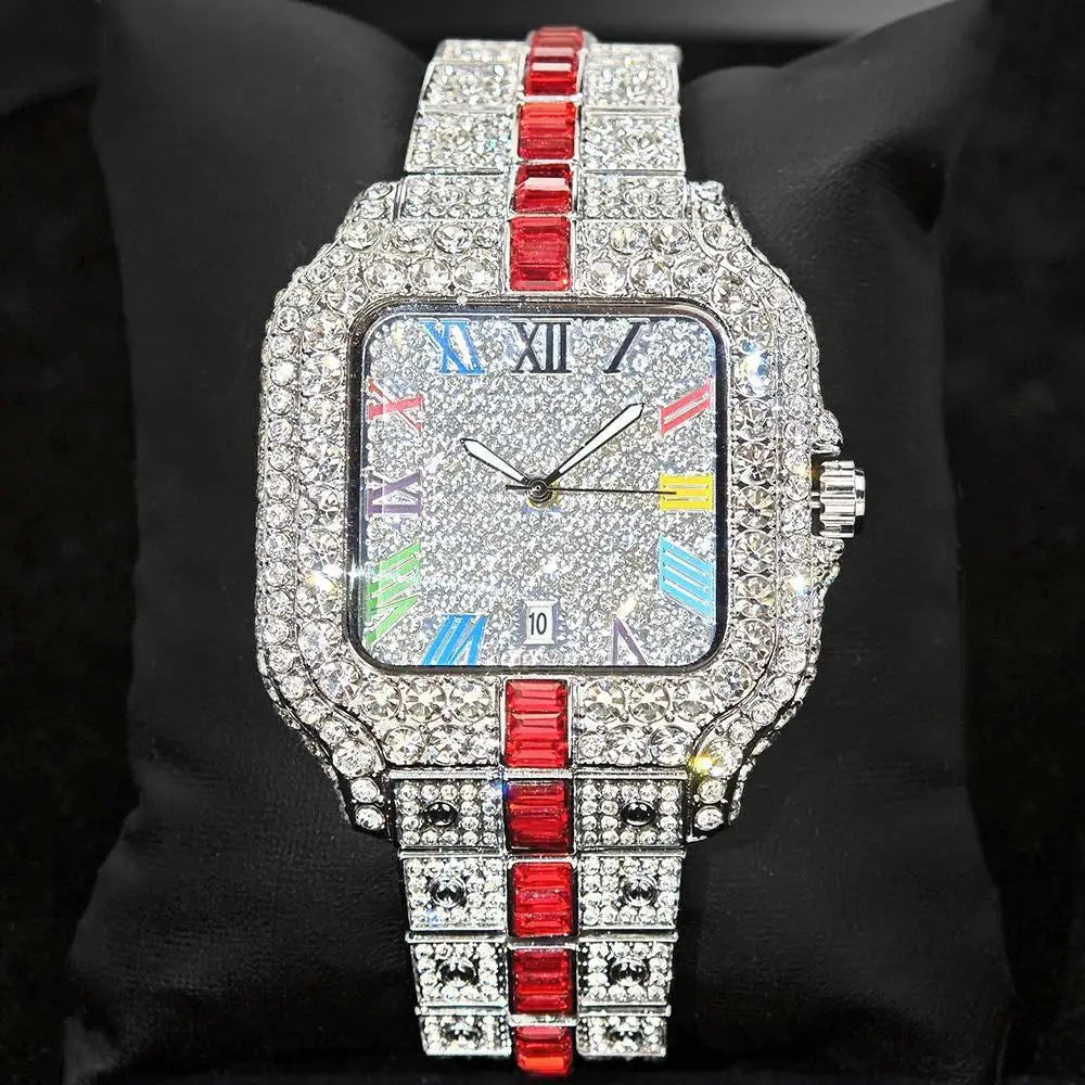 Hot Sale Blue Iced Watch For Man Fashion Colorful Roman Literal Quartz Watch Hip Hop Diamond Jewelry Square Wrist Watch Men Gift