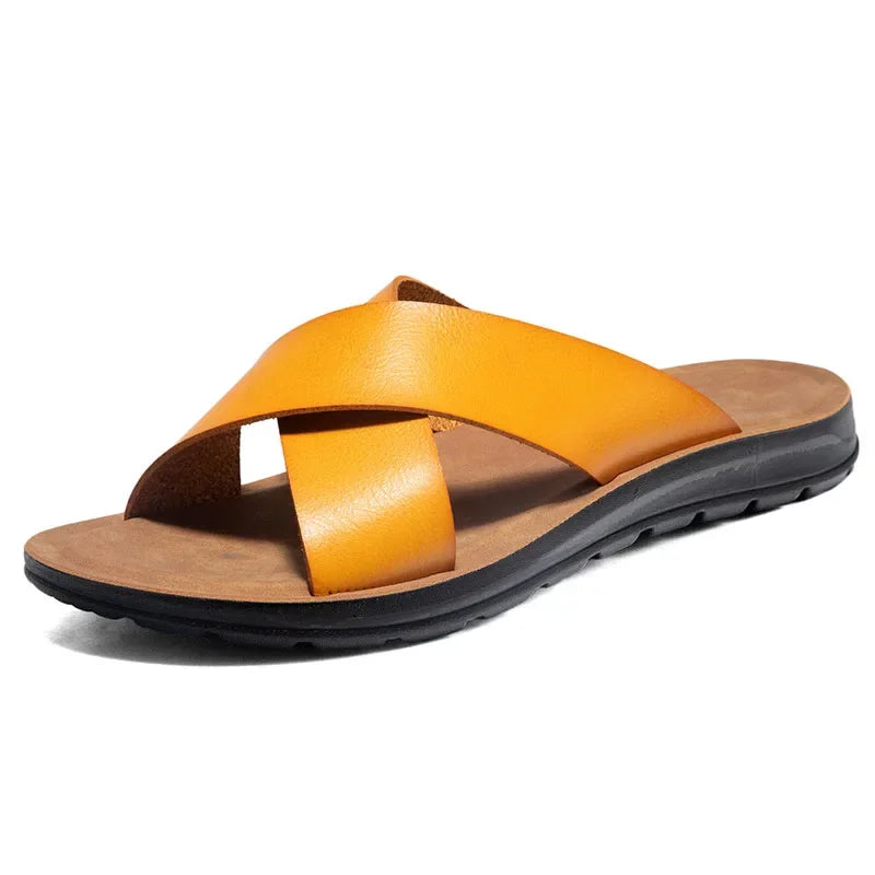 Men Shoes New  Summer Shoes Italian Leather Slippers Men High Quality Size 38-47 Beach Slip on Flats Man Flip Flops Mens Sandals