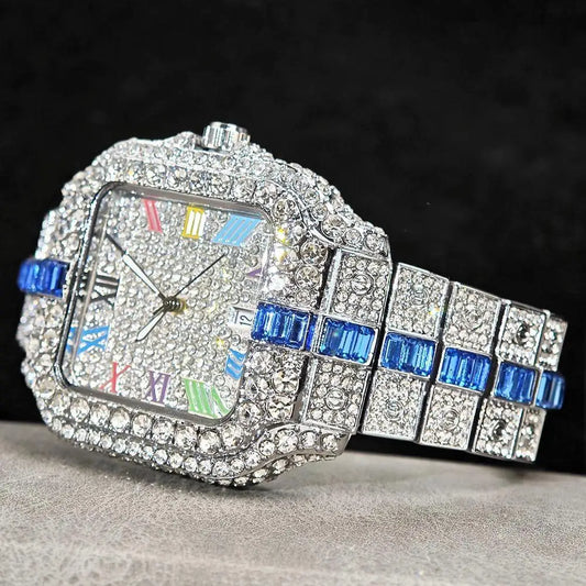 Hot Sale Blue Iced Watch For Man Fashion Colorful Roman Literal Quartz Watch Hip Hop Diamond Jewelry Square Wrist Watch Men Gift