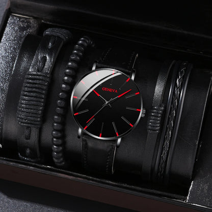 New Men's Watch Luxury Bracelet Multi Piece Set Fashion Business Black Leather Quartz Watch Men's Gift Set Reno Masculino