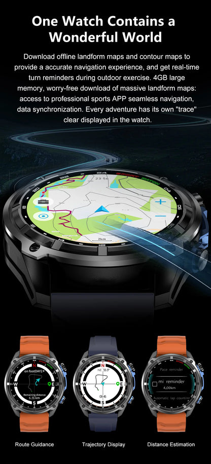 2026 Men GPS New Offline Map Smart Watch 10ATM Waterproof 4GB Route Navigation Clock 1000mAh Battery Outdoors Military Watches