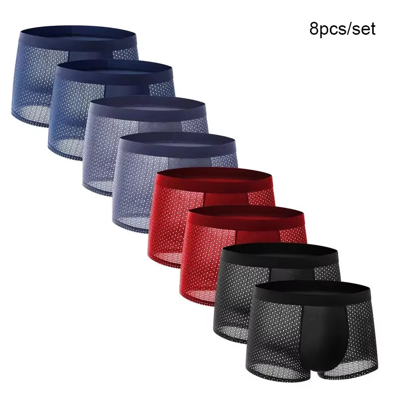 8pcs/set Men's Underwear Ice Silk Mesh Men Panties Breathable Traceless Fashion Panties Male Solid Color Boxer Shorts