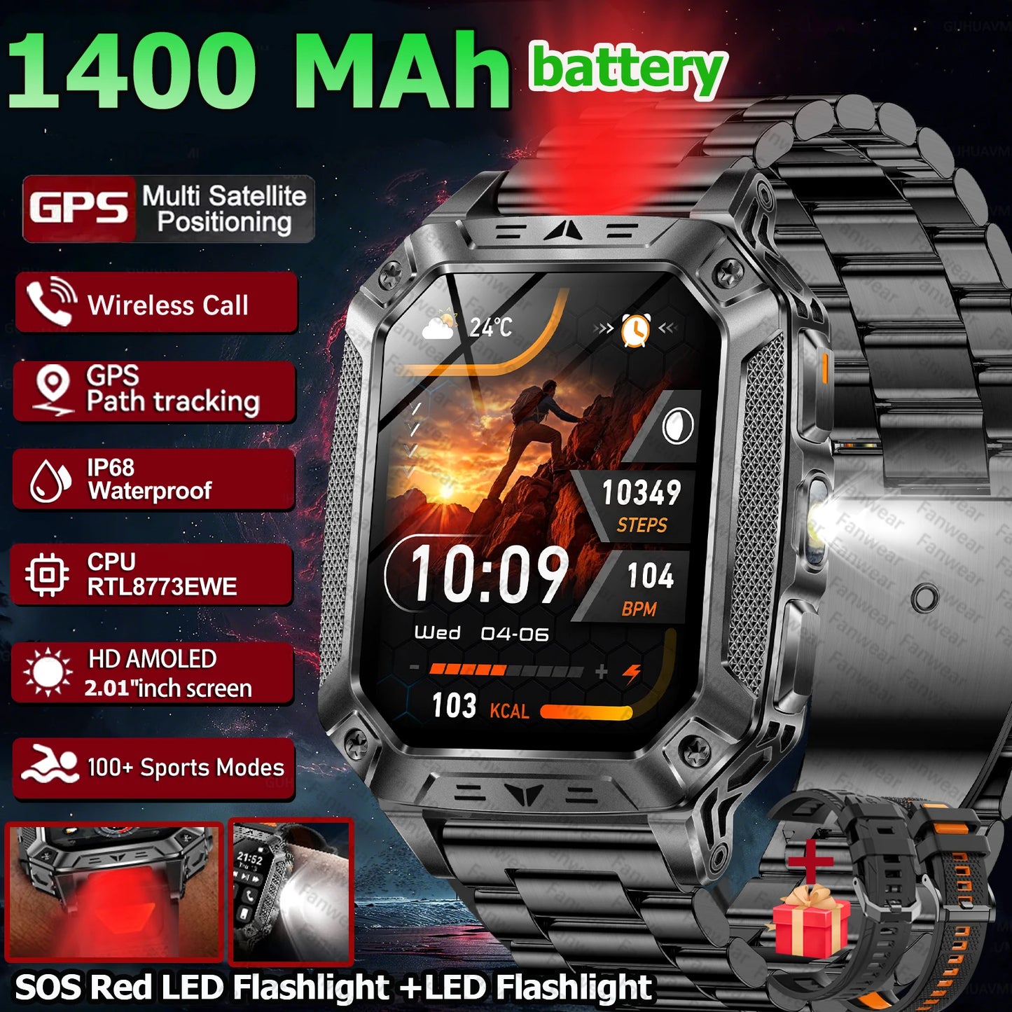 Robust military smart watch 1400Mah battery fitness tracking 10ATM waterproof tactical sports flashlight men's phone watch
