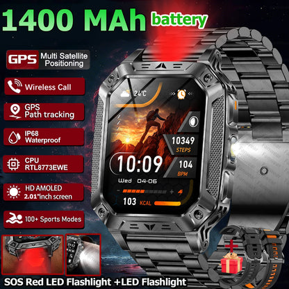 Robust military smart watch 1400Mah battery fitness tracking 10ATM waterproof tactical sports flashlight men's phone watch