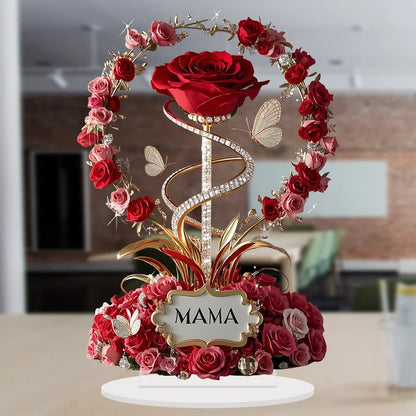 2D acrylic ornament, red rose, mother pattern, flat, elegant table decoration, branch, child, for mother, gifts.