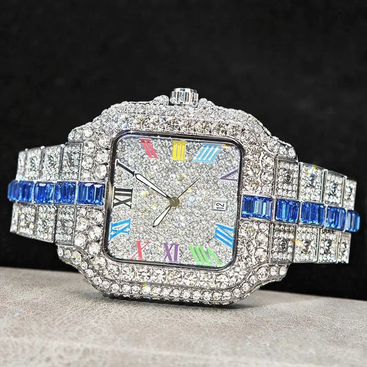 Hot Sale Blue Iced Watch For Man Fashion Colorful Roman Literal Quartz Watch Hip Hop Diamond Jewelry Square Wrist Watch Men Gift