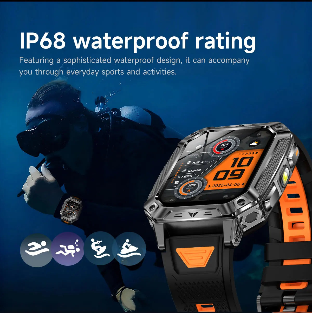 Robust military smart watch 1400Mah battery fitness tracking 10ATM waterproof tactical sports flashlight men's phone watch