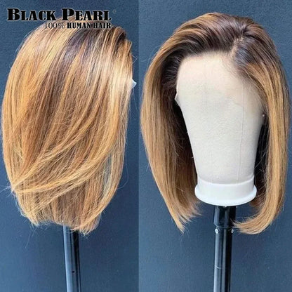 Ombre Straight Bob 13x6X2 Lace Front Wigs Human Hair Short Bob Wigs Ash Blonde Remy Hair Pre Plucked Glueless Wig with Bangs