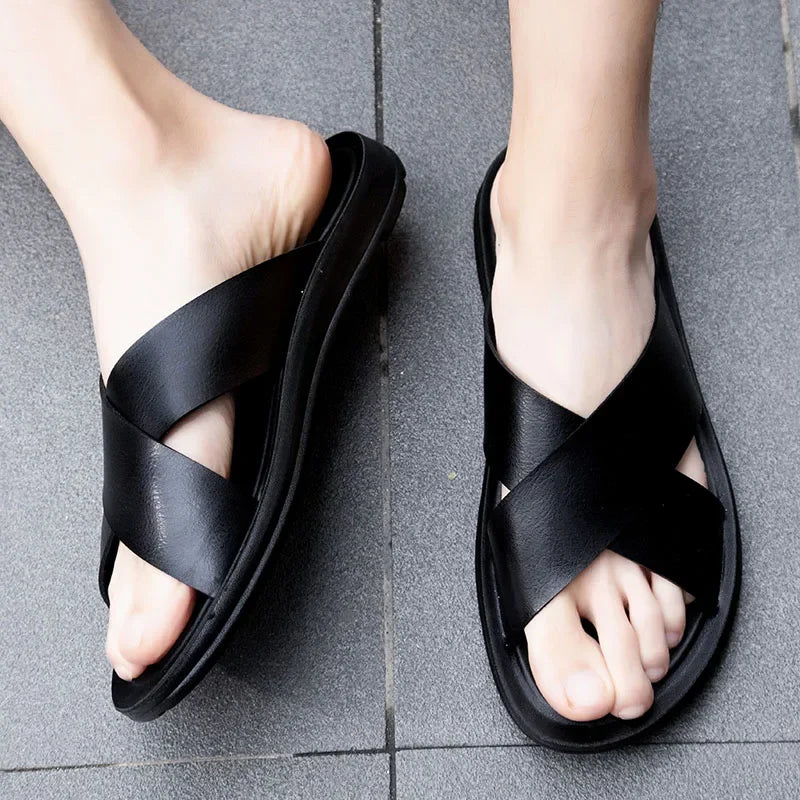 Men Shoes New  Summer Shoes Italian Leather Slippers Men High Quality Size 38-47 Beach Slip on Flats Man Flip Flops Mens Sandals