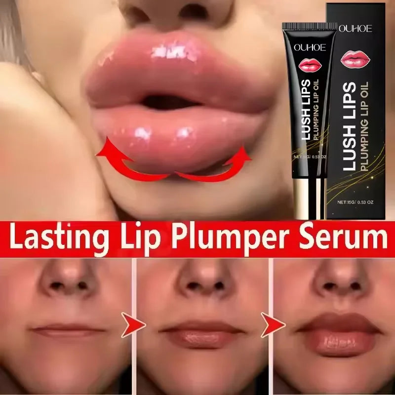 Lip plumper oil, instant volumizer, increases lip elasticity, long-lasting hydration, lip gloss, sexy beauty makeup.
