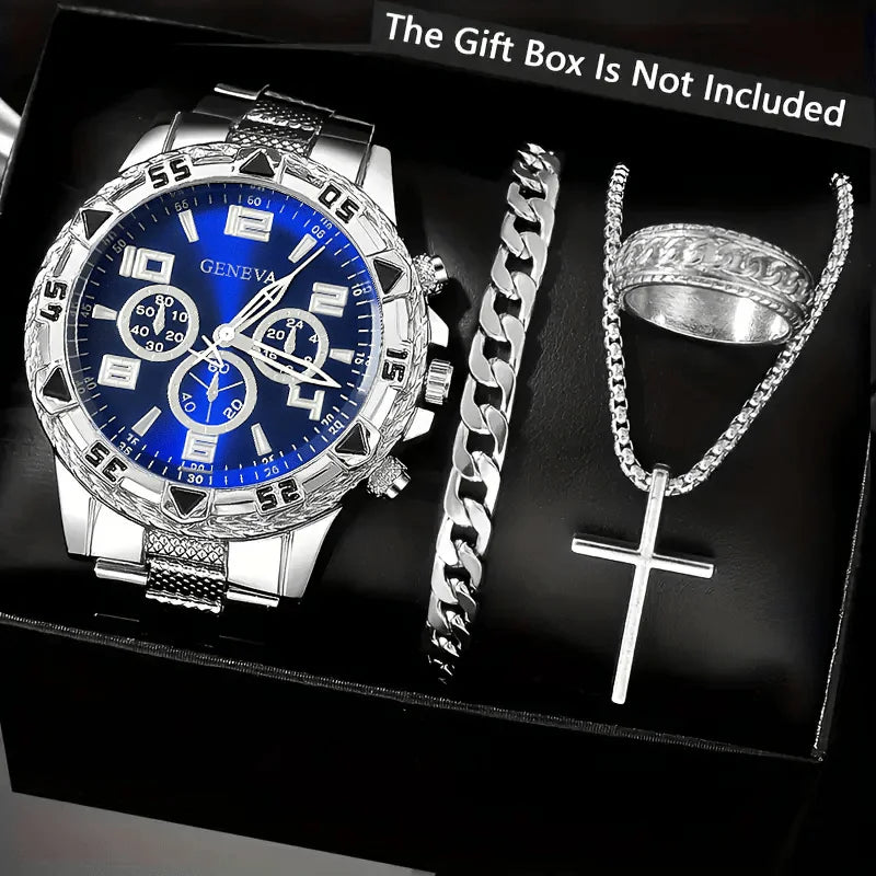 Classic Business Men's Watch Set, Quartz Round Dial Stainless Steel Strap Men's Watches, Ideal Gift Choice
