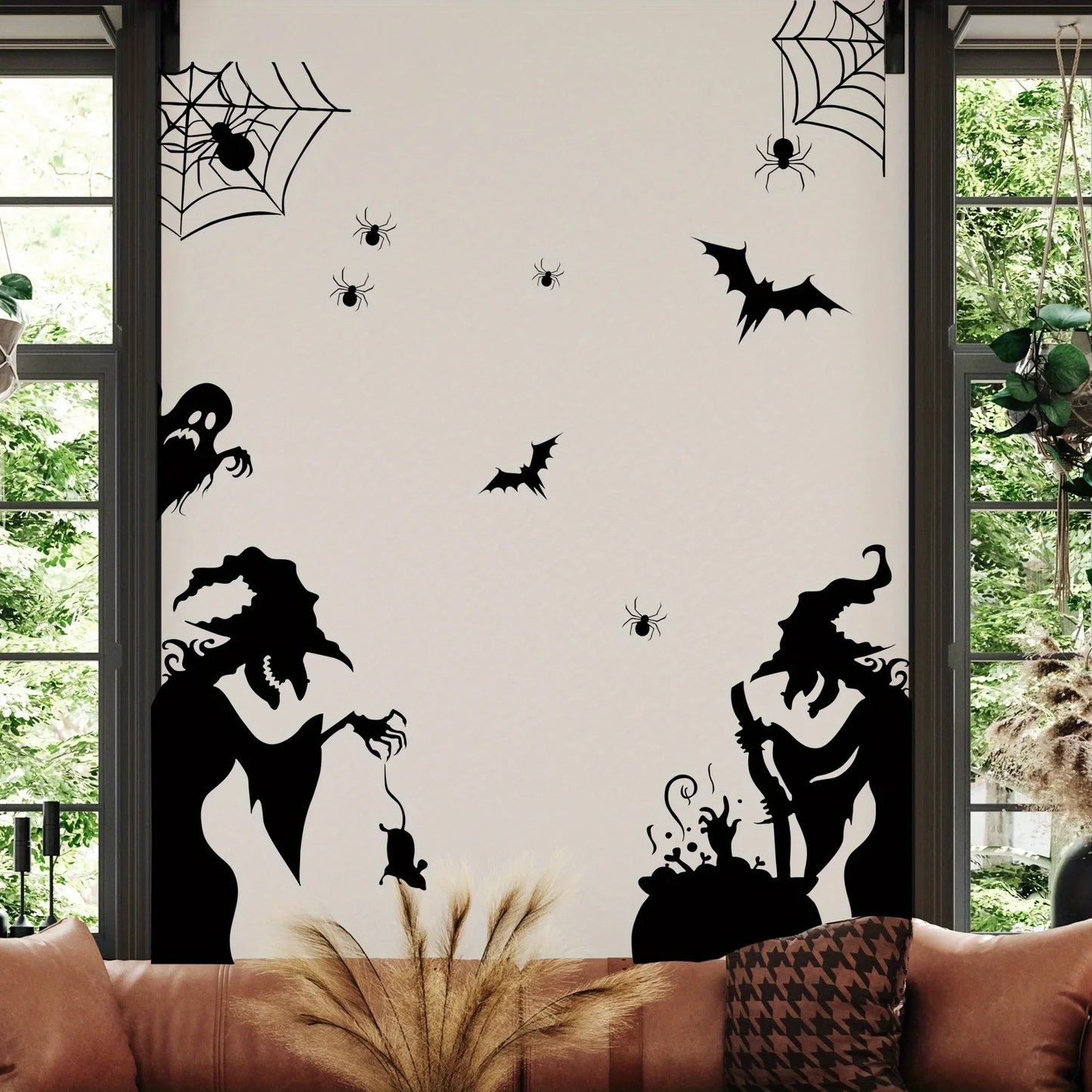 Large Halloween Window Sticker Decoration - Terror Witches, Ghosts, Bats and Spider Webs Electrostatic Adsorption Stickers