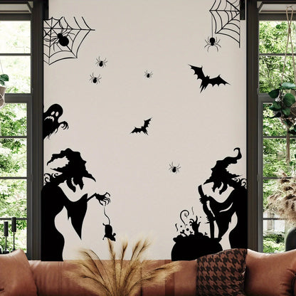 Large Halloween Window Sticker Decoration - Terror Witches, Ghosts, Bats and Spider Webs Electrostatic Adsorption Stickers