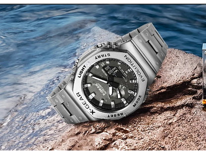 X-GEAR Digital Sports Electronic Unisex Watch Dual Display Full Function LED Alloy Large Time Steel Strap