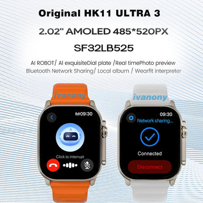 Original HK11 ULTRA3 Smart Watch Support TWS Earphone Connect Network Share Connection AI Robots Receive Call AMOLED Smartwatch