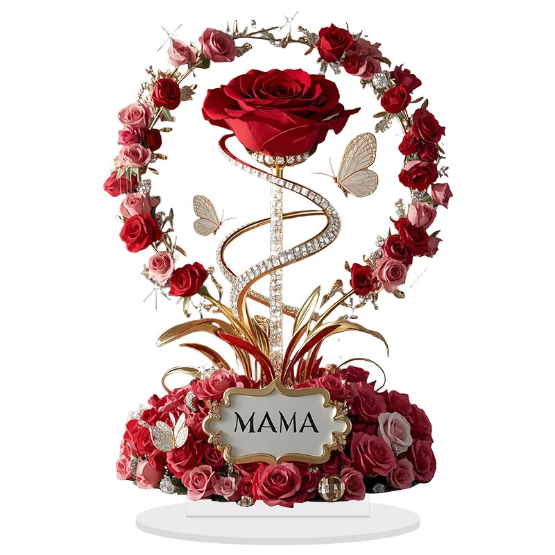 2D acrylic ornament, red rose, mother pattern, flat, elegant table decoration, branch, child, for mother, gifts.