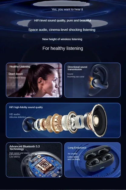 Bluetooth Earphone 5.3 Wireless Bone Conduction Headphones Clip Ear Music Noise Canceling HD Call Sports Gaming Earphone