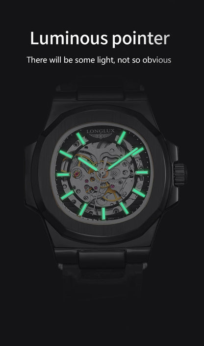 LONGLUX automatic mechanical watch outdoors simple luxury watches waterproof cheap wholesale skeleton leather mens watch gift