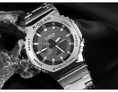 X-GEAR Digital Sports Electronic Unisex Watch Dual Display Full Function LED Alloy Large Time Steel Strap