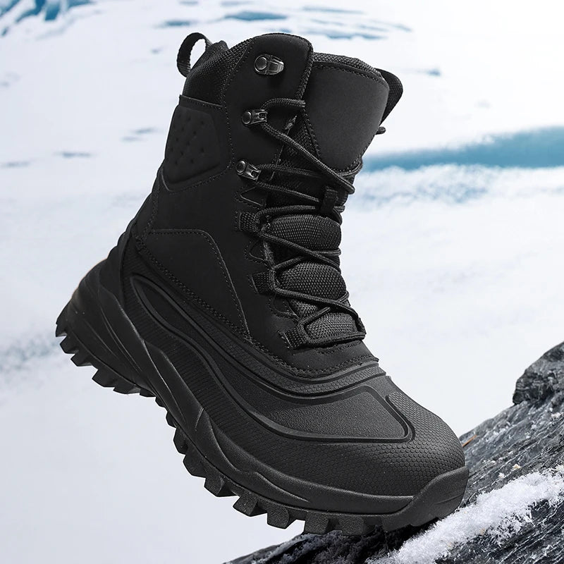 Men's Winter High-Top Snow Boots with Fleece Lining Thickened Waterproof Non-Slip Warm and Cold-Resistant Cotton Hiking Shoes