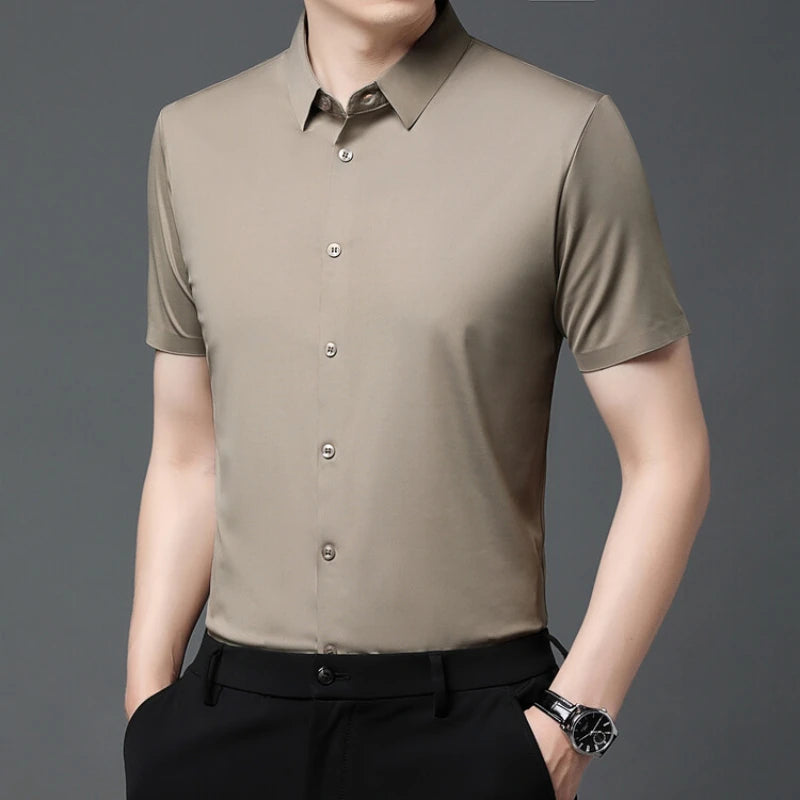 Men's Ultra Stretch Short Sleeve T-Shirt Business Casual Breathable Stretchable Abrasion-Resistant Solid Color Short Sleeve Shirt