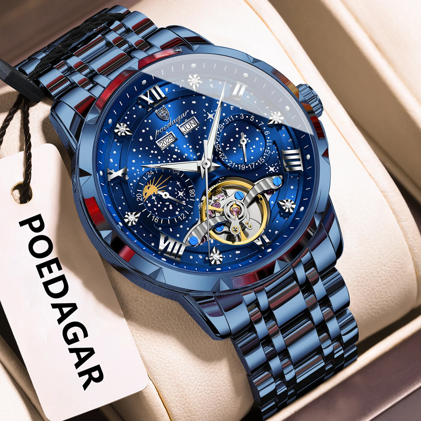 POEDAGAR Luxury Men Wristwatch Fashion Date Hollow Tourbillon Man Clock Automatic Mechanical Stainless Steel Men's Watches Reloj