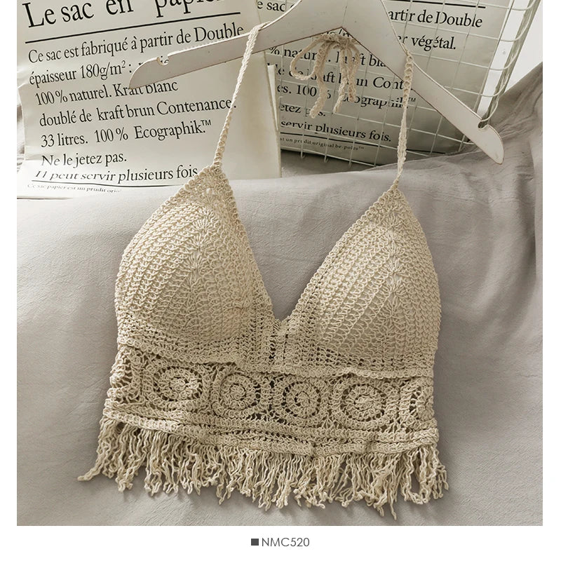 Women Beach Crop Tops Hollow Cover-Ups Perspective Tassel Sexy Spaghetti Strap Tank Tops Built In Bra Backlless Halter Neck