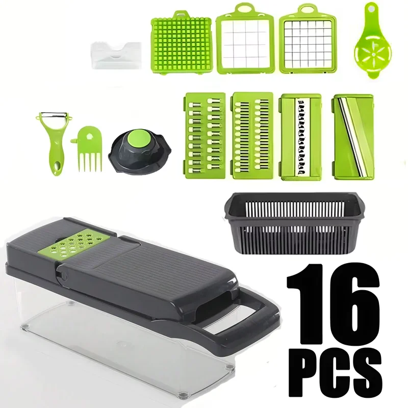 14/16pcs Multifunctional Vegetable Slicer Cutter Food Grade Shredder with Basket Fruit Potato Onion Mincer Chopper Carrot Grater
